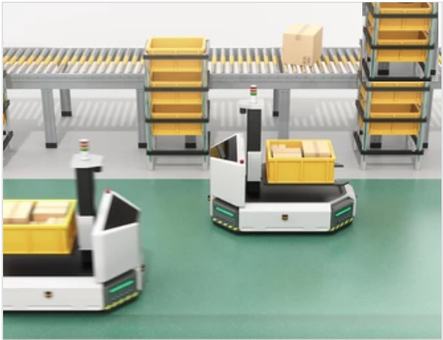 AGV transportando cajas sobre una línea de rodillos